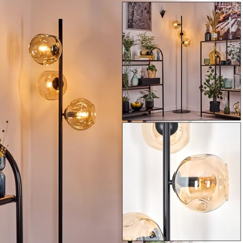 HOFSTEIN Stehleuchte Ripoll, Stehlampe aus Metall/Glas in Schwarz/Bernstein, moderne Leuchte im Retro/Vintage-Design (Ø Schirme 15 cm), Fußschalter, 160 cm, E14, Wohnzimmer, Schlafzimmer, Flur, Büro