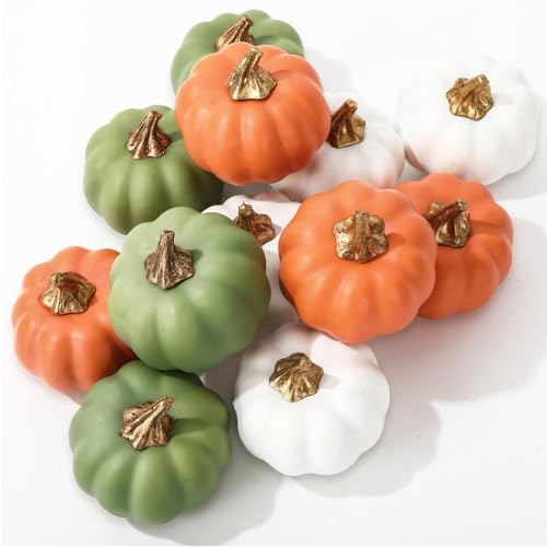 12 Pièces Mini Piccola Autunnali Zucca Artificiale, Blanc Halloween Zucche Decorative, Decorazioni Autunnali, per Matrimonio Halloween Tavolo del Ringraziamento Decorazioni, Bianco, Verde, Arancione