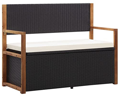 QUAHEAS Stauraumbank 115cm Schwarz aus wetterfestem Poly Rattan & Akazie Massivholz, vielseitige Gartenbank für Outdoor Patio Möbel, robuste Bänke im Außenbereich.