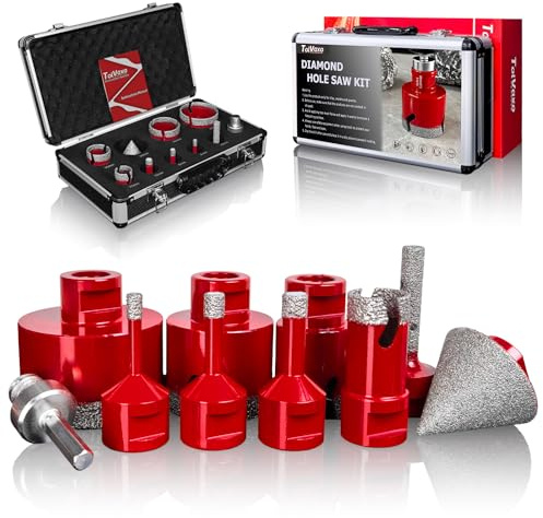 Tolvaxo Diamond Hole Saw Kit, Tile Hole Saw Kit for Tile, Granite, Marble, Ceramic and More Drilling, 10pcs Tile Drill Bits 6/8/10/25/35/50/65mm