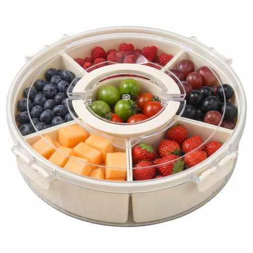 6-Compartment Rotating Snack Tray with Lid & Handle, Portable Divided Serving Platter for Charcuterie, Fruit, Veggies & Nuts, Leak-Proof Stackable Container for Kitchen, Party, Travel & Picnics