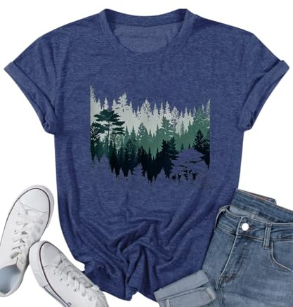 Nature Pine Tree T Shirts for Women Cute Summer Graphic Tees Navy Blue L