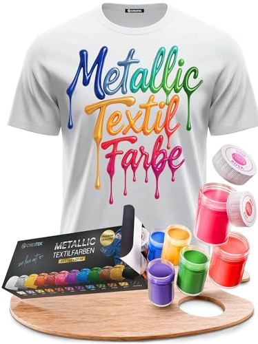CreaTek Textilfarbe waschmaschinenfest, 12 Metallic Farben, Stoffmalfarben | Stofffarben Set 12x25 ml Metallic, waschfest bis 40 Grad, fixierbar mit Bügeleisen, für helle T-Shirts Schuhe Taschen