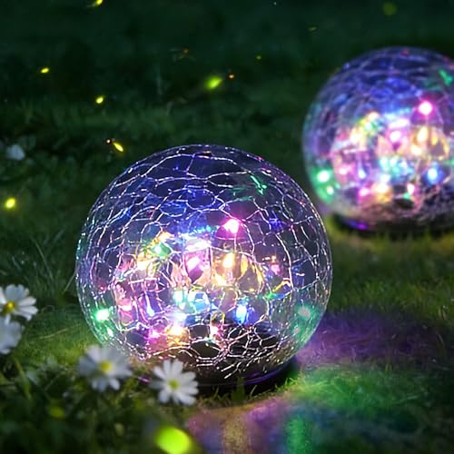 2 Pack Solar Path Lights Outdoor, Cracked Glass Globe with Light Control, IP67 Waterproof Solar Garden Lights, Warm Yellow & 4-Color LED Ball Lights for Yard, Patio, Lawn & Holiday Decor (Multicolor)