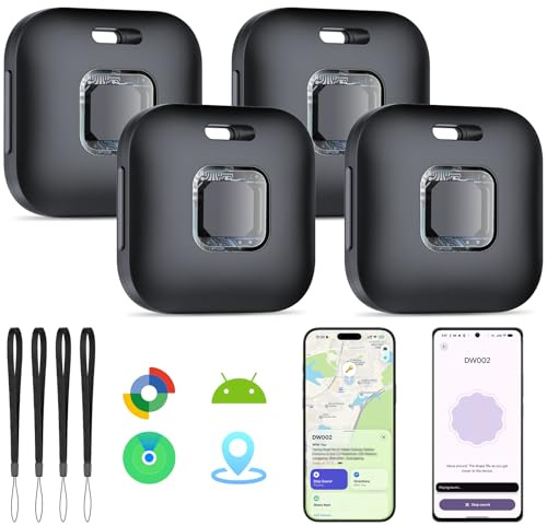 2026 [Certifiée par Apple et Google] Tracker Tags Lot de 4 (Noir), Hoxe Bluetooth Smart Tag Traceur Compatible Apple Find My et Google Android Find Hub, Localisateurs D'objets pour Valises/Clés/Sacs