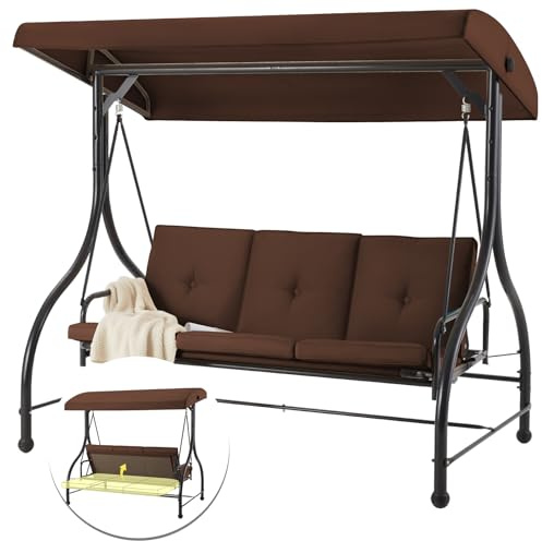 YODOLLA 3 Seater Garden Swing Chair Convertible Bed with Adjustable Canopy & Cushions - Outdoor Swing Bench for Patio/Backyard, Brown