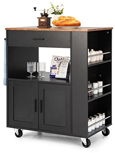 GOPLUS Desserte à roulettes avec Station de Charge, Chariot Cuisine Rangement avec Placard, Armoire, Support à Épices 3 Niveaux et Porte-Serviettes, Meuble Rangement (Noir+Brun, avec Prise)