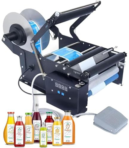 Etichettatrice elettrica per bottiglie rotonde con pedale per bottiglie di vetro, plastica e metallo