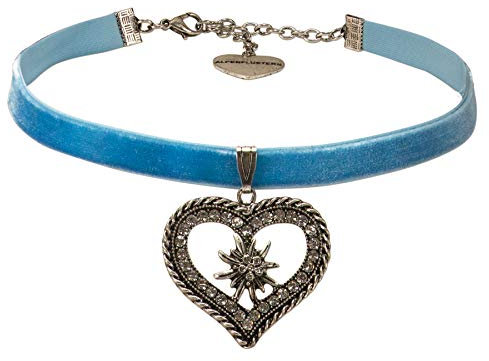 Alpenflüstern Trachten-Samt-Kropfband Strass-Edelweissherz - nostalgische Trachtenkette enganliegend, Kropfkette elastisch, Damen-Trachtenschmuck, Samtkropfband schmal hell-blau DHK247