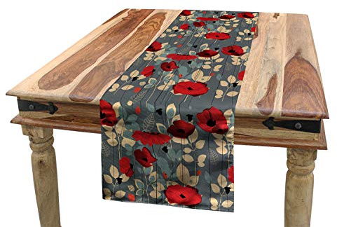 ABAKUHAUS Mohn Tischläufer, Moderne Blumengarten, Esszimmer Küche Rechteckiger Dekorativer Tischläufer, 40 x 180 cm, Beige Grau Rot