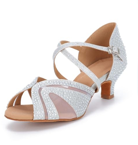 Syrads Zapatos de Baile Latino para Mujer Salsa Tango Bachata Vals con Pedrería Zapatos de Baile de Salón Suela Blanda 1050