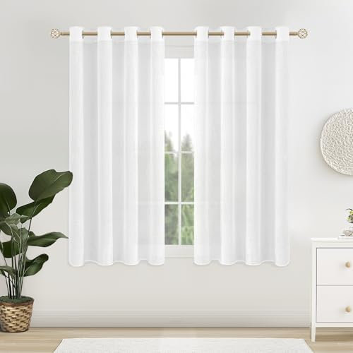 MRTREES Voile Gardinen kurz 2er-Set Leinenoptik Vorhang mit Ösen im Modernen Stores Gardinen Schals Weiß 145×140 (H×B) für Wohnzimmer Schlafzimmer Kinderzimmer