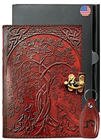 URBAN LEATHER Carnet de Notes Vintage en Cuir Motif Loup et Arbre de Vie, Cadeau Pour Homme et Femme, Grimoire des Ombres, Carnet de Croquis Marron Fait Main, Pages Vierges Non Lignées