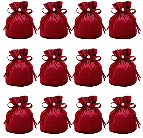 Nbeads 12 pz Sacchetti di Velluto, Sacchetti per Gioielli con Coulisse Sacchetti Regalo In Plastica con Perle D'Imitazione per Bomboniere per Feste di Compleanno di Nozze di Natale, Rosso Scuro