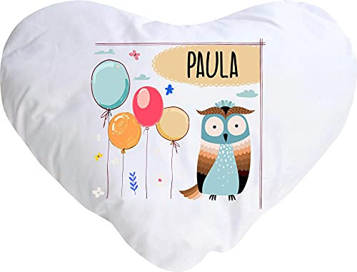 Kleckerliese Baby Kinder Kissen Kissenhülle Tiere Motiv, Eule mit Wunschname Balon Wolken, 40x44 cm Farbe Weiß mit Füllung