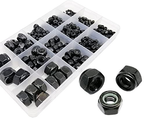 Cfty Sicherungsmutter M2 M2.5 M3 M4 M5 M6 M8 M10 M12 Schwarzer Stahl-Hexagon-Nylon-Einsatz-Sicherungsmutter-Set-Sechskant-Self-Verriegelungsmutter-Sortiments-Sortiment (162/357pc)(Set B 357pcs)