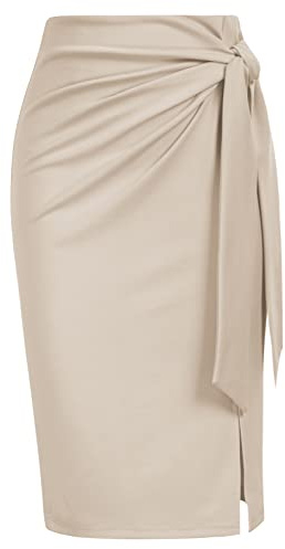 Kate Kasin Women's Professional Skirt Elastic High Waist Bow Tie Knee Length Stretch Bodycon Pencil Skirts with Slit Apricot Large