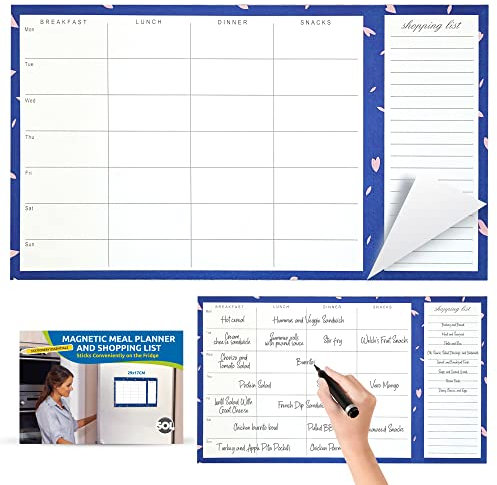 SOL Weekly Magnetic Meal Planner & Shopping List, Weekly Meal Planner & Shopping List 52 Sheets, Ideal for Fridge Organization, Meal Prep & Grocery Planning, Built-In Magnet for Easy Fridge Attachment