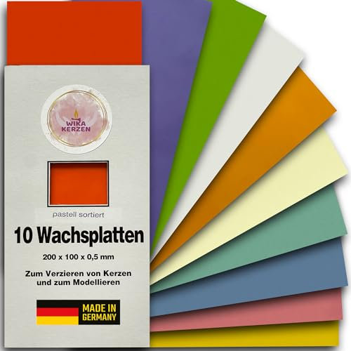 WIKAKERZEN Wachsplatten zum Gestalten und Verzieren von Kerzen DIY Set für Tauf- und Kommunionkerzen zum Selbstgestalten und Basteln, selbsthaftend ohne Kleber (10er-Sortiment, Pastell-Sortiment)