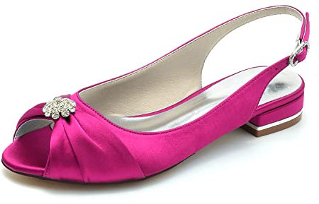 Donna Scarpe da Sposa in Raso Strass Ballerine Slingback Peep Toe Scarpe da Sera Damigella d'Onore,Fuchsia,36 EU