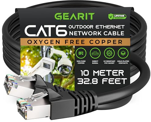 GearIT Cable Ethernet Cat6 para exteriores (10 m) 23 AWG de cobre puro, FTP, LLDPE, impermeable, entierro directo, en tierra, resistente a los rayos UV, POE, red, Lan, Internet, Cat 6, cable Cat6, 10