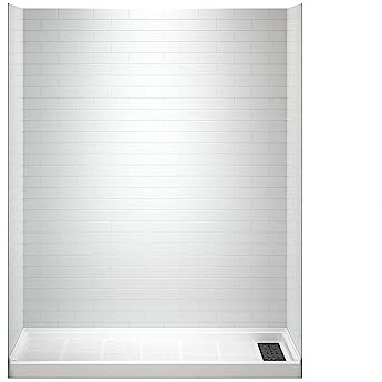 WOODBRIDGE 60 in. L x 32 in. W x 75 in. H Alcove Solid Surface Shower Combo Kits with Glue Up Shower Walls in Glossy White and Single Threshold Shower Base in White with Right Drain and Black Cover