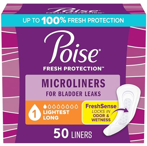 Poise Daily Microliners, Incontinence Panty Liners for Bladder Leaks, 1 Drop Lightest Absorbency, Long Length, 50 Count of Pantiliners