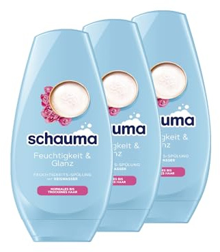 Schauma Schwarzkopf Feuchtigkeits-Spülung Feuchtigkeit & Glanz (3x 250 ml), Haarspülung lässt das Haar glänzen, Spülung mit Reiswasser für normales bis trockenes Haar