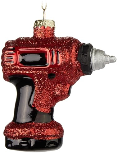 BRUBAKER Akkuschrauber Rot - Handbemalte Weihnachtskugel aus Glas | 9 cm Baumkugel für Handwerker - Mundgeblasener Christbaumschmuck - Deko Figuren Weihnachten - Weihnachtsdeko Anhänger