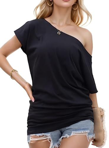 Teepie Women Short Sleeve Tunic Tops Loose Fitting Off the Shoulder Tops Flowy One Piece Flattering Party Tops Black XXL