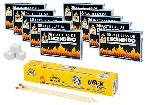 BRICOMIRAS Pastillas Encendido Chimenea con Pack de 50 fósforos para Prender Fuego en chimeneas, barbacoas, hornos de leña, carbón, etc. - Enciende Fuegos fácil y rápido (360 Pastillas + 50 fósforos)