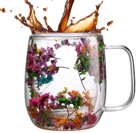 Vasos de flores secas, flores secas, tazas de café de doble pared, 350 ml, vasos de café térmicos aislados, tazas de té grandes, vasos de vidrio transparente para latte, capuchino, macchiato, bebidas