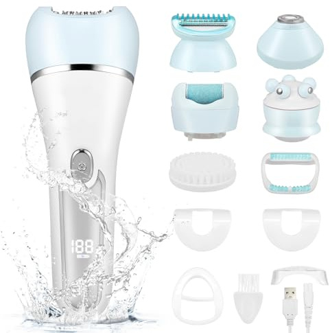 Elektrischer Epilierer für Damen, 6 in 1 Epilierer Gesicht für Frauen Kabelloser, Wiederaufladbares LED-Display, Wet and Dry Damen Epilierer mit Peelingbürste, Reinigungsbürste, Massagekopf (Blau)