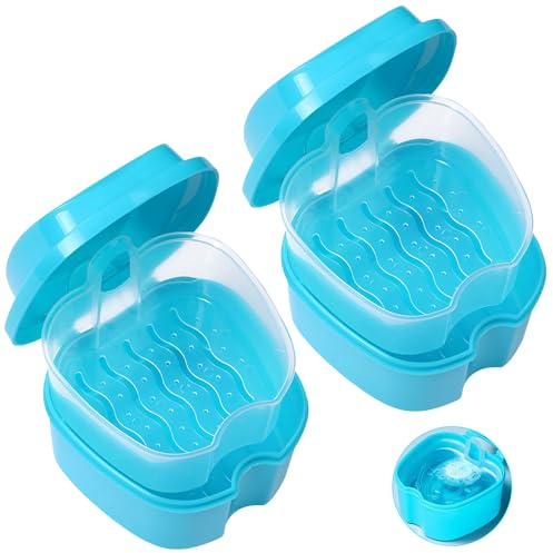 FANWINKJ 2 pièces denture case, Boîte de rangement pour prothèses dentaires with filter, portable denture case for cleaning, soaking and storing dentures and other mouth instruments (light blue)