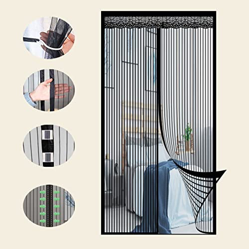 Magnetischer Fliegengittertür, 100 x 230 cm, strapazierfähig, magnetischer Türvorhang für Terrassenschiebetüren, große Türen, freihändig, automatisches Schließen, kein Bohren, Schwarz