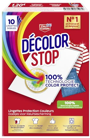 Decolor Stop - Protections Couleurs - Evite les Accidents de Decoloration - Preserve l'Eclat des Couleurs - Tous Programmes Textiles et Températures - Moins de Cycles - Plus d'Economies -x10 Lingettes