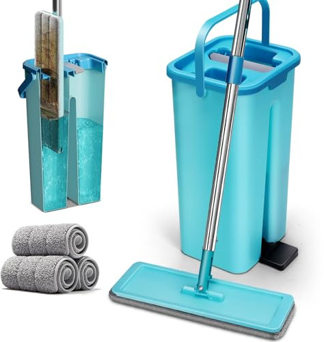 Masthome Mop and Buckets Sets, Flat Floor Mop Cleaning System with 360 Rotating Head, Mops for Cleaning Floors with 135cm Stainless Steel Handle, Suit All Floors-3 Microfiber Reusable Pads