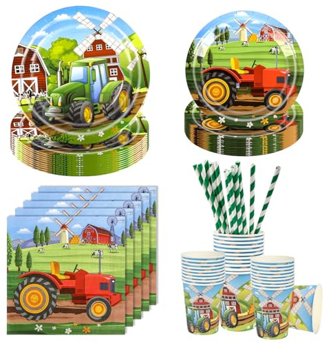 Aitsite - Platos de fiesta de cumpleaños para 20 invitados (100 unidades), diseño de tractor y tractor