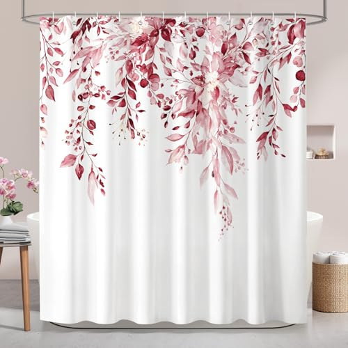 Hopomoon Romantischer Blumen-Duschvorhang mit rosa Blattmuster Badezimmerdekorationsvorhang 180 x 200 cm mit 12 Haken