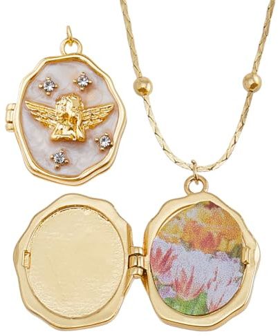 Hobbspring Collar Ovalado de Ángel con Medallón de Fotos de 42,5 cm, Dorado, Unisex, Latón