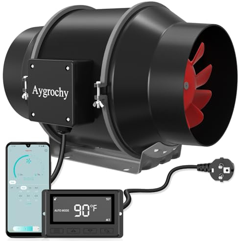 Aygrochy 125 mm, inline-mantelfläkt med WiFi-applikation, EC 35 W-motor, 416 m³/h luftflöde, 2 800 varv/min, med temperatur- och fuktighetsregulator, idealisk för tält