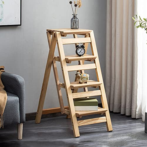 Foldable Wooden Ladder Bookshelf & 4 Step Stool Multi Functional Non Slip Kitchen Step Chair Safe Library Steps for Home & Office Use