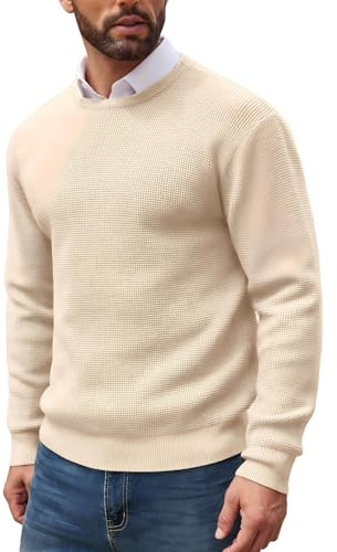 COOFANDY Hommes Pulls col Rond Manches Longues gaufrés Hiver Pulls tricotés Modernes Beige L