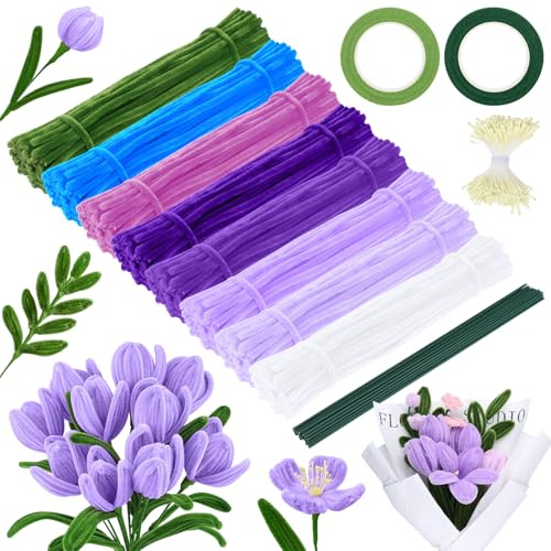 iulrtba 600 scovolini per bricolage, Set di Fiori in scovolini in 8 Colori, con 350 stami, 30 Fili di Ferro Verde, 2 Nastri Adesivi per steli di Fiori per Bouquet Fai da Te e Decorazioni
