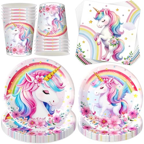 50 Stück Einhorn Partygeschirr Set,mit Pappteller Becher und Servietten | Geschirrset Einhorn-Deko,Einhorn Geburtstag Deko,Partyzubehör Geschirr,für Geburtstag Partydeko Tischdeko für 10 Gäste