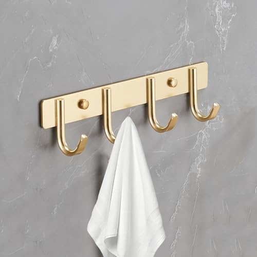 Garderobenhaken, Hakenleiste Garderobe, Wandgarderobe Aluminium, Kleiderhaken Wand, Wandhaken Garderobenleiste for Schlafzimmer, Badezimmer(Gold,4 Hooks)