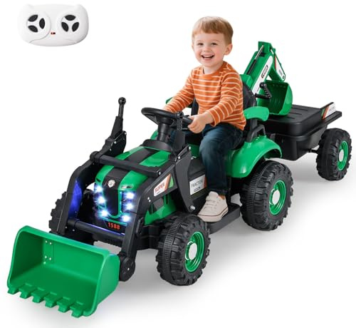 COSTWAY 4 in 1 Trattore Elettrico per Bambini, Trattore Cavalcabile per Bambini 3-8 Anni con Telecomando Rimorchio e Cucchiaia Staccabile, Velocità Regolabile, Doppi Motori (Verde)