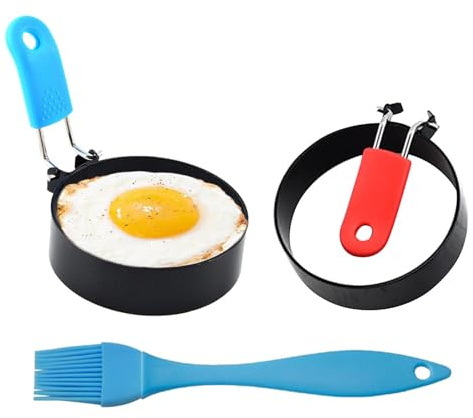 Egg Ring, 2Pcs Non-Stick Egg Rings with 2 Anti-Scald Folding Handle and 1 Oil Brush for Frying Eggs, Pancakes, and Mini Burgers(Color:Red,Blue)