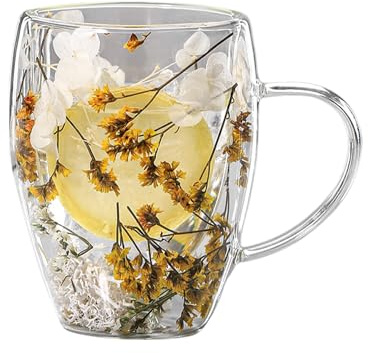 Taza de café de doble pared de 350 ml, diseño de flores secas, lindas tazas de vidrio de doble capa, tazas de café aisladas con asa, taza de té resistente al calor para bebidas frías y calientes