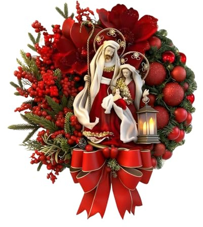 Genérico Corona De Belén De Navidad – Corona De La Sagrada Familia para Puerta De | Ado-rnos Colgantes Navideños con Agujas De Pino De Bayas Rojas para Puerta Delantera, Ventana, Pared, Chimenea